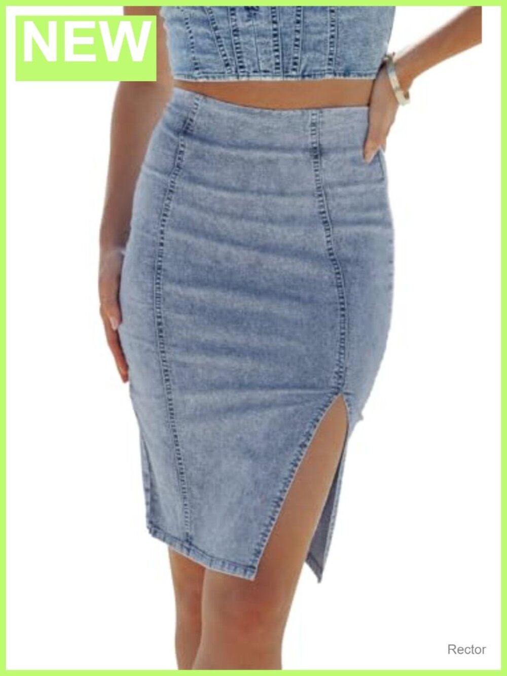 High Waisted Denim Pencil Skirt Knee Length Side Split Stretch Jean Skirt